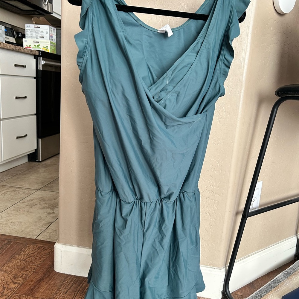 Women’s Teal Ruffle One-Piece Swimsuit Romper - Picture 2 of 4